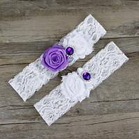 2pcsset purple and white satin lace chiffon beading wedding garter