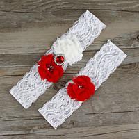 2pcsset red and white satin lace chiffon beading wedding garter