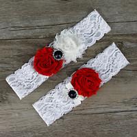 2pcs/set Red And White Satin Lace Chiffon Beading Wedding Garter