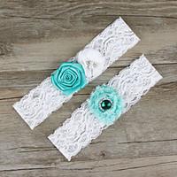 2pcs/set Mint Blue And White Satin Lace Chiffon Beading Wedding Garter