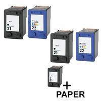 3 x black hp 21 and 2 x colour hp 22 remanufactured 1 free paper