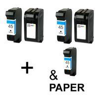 3 x black hp 45 and 2 x colour hp 23 remanufactured 1 free paper