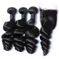 3 Bundles 12-26 Malaysia Virgin Hair Weft Loose Wave With 1Pcs Free/Middle Part Lace Closure Natural Black Hair Weaves