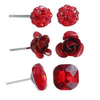 3 Pairs Red in Rhinestones Crystal Ball Iron Rose Square Gemstone Stud Earrings Set