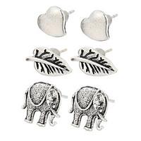 3 Pairs Retro Fashion Charm Silver Color Boho Earrings Vintage Minimalist Heart Leaves Elephant Stud Earrings For Women