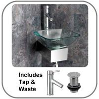 31cm Square Clear Glass Monza Corner Wall Mounted Basin Set inc Stainless Stand and Tap