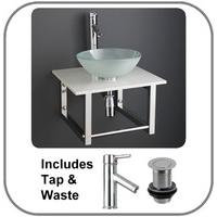 31cm Circular Frosted Monza Glass Sink with 45cm x 45cm White Marble Shelf and Tap Kit