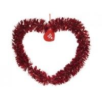 32x27cm Red Tinsel Covered Heart On Red Ribbon W/hang Tag