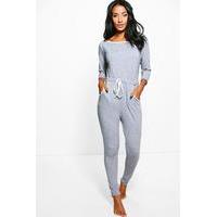 3/4 Length Tie Waist Slash Neck Jumpsuit - grey