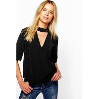 34 sleeve open neck blouse black