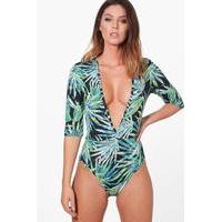 34 sleeve plunge printed bodysuit multi