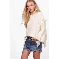 3/4 Sleeve Fringe Cuff Jumper - cream