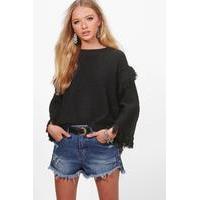 3/4 Sleeve Fringe Cuff Jumper - black