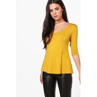 3/4 Sleeve Wide Hem T-Shirt - mustard