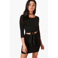 3/4 Sleeve Cross Waist Crop - black