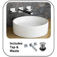 35cm Round Counter Mounted Imola Basin With Quadrato Wall Mounted Tap and Waste