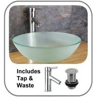 35cm Frosted Glass Ferrara Round Basin With Tap And Pop Up Waste Set