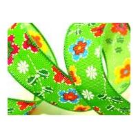 38mm rustic flower wired edge ribbon green