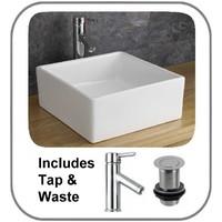 38.5cm x 39.8cm Firenze Countertop White Modern Sink with Tall Tap and Plug Set