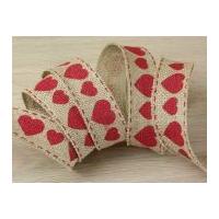 38mm heart print hessian jute ribbon red beige