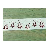 38mm Christmas Tree Print Ribbon Ivory & Red