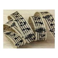 38mm musical notes print hessian jute ribbon black beige