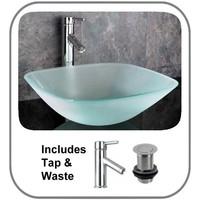 39cm Frosted Square Glass Terme Washbasin With Tap And Plug
