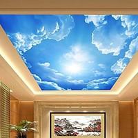 3D Shinny Leather Effect Large Lobby Ceiling Mural Wallpaper Blue Sky And Clouds Ceiling Painting Art Decor