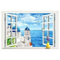 3D Romance False Window Blue Aegean Sea Castle 3D Wall Stickers Fashion Living Room Bedroom Wall Decals
