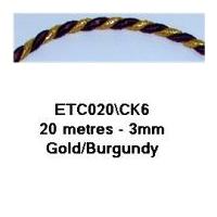 3mm Essential Trimmings Decorative Cord Trimming Gold/Burgundy