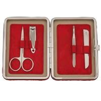 4 Piece Stainless Steel Manicure Set in Red Leatherette Case with Metal Frame