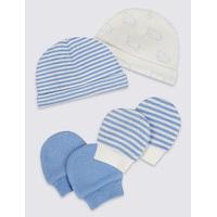 4 Piece Pure Cotton Premature Hat & Mittens Set