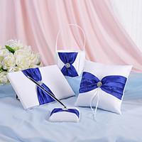 4 collection set white blue guest book pen set ring pillow flower bask ...