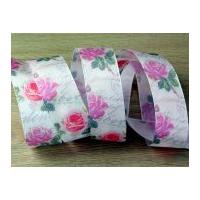 40mm Vintage Style Rose Floral Print Wired Edge Taffeta Ribbon Pink