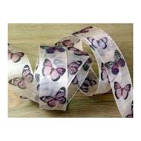 40mm Delicate Butterfly Print Wired Edge Sheer Organza Ribbon Pink