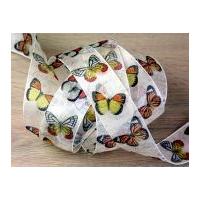 40mm Delicate Butterfly Print Wired Edge Sheer Organza Ribbon Yellow