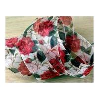 40mm Delicate Floral Print Wired Edge Sheer Organza Ribbon Red