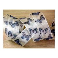 40mm delicate butterfly print wired edge sheer organza ribbon blue