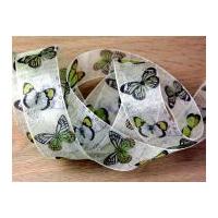 40mm delicate butterfly print wired edge sheer organza ribbon green