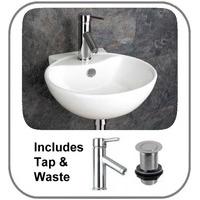 40cm Wide Udine Wall Mounted White Basin including Tap / Waste Set