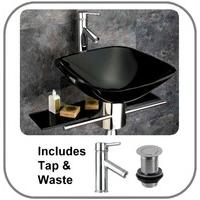 42cm square black padova glass wall mounted basin inc stainless steel  ...
