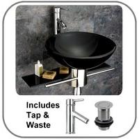 42cm round black glass padova wash basin with wall mounted stainless s ...
