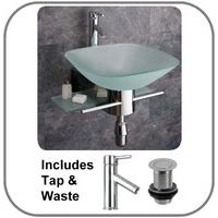 42cm square padova frosted glass wall mounted sink with steel mount ta ...