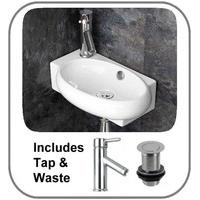 42.5cm Wide Lecce Left Wall Hanging Bathroom Basin with Mono Tap and Push Click Plug
