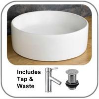 45cm diameter round tavira counter mounted white basin with tap