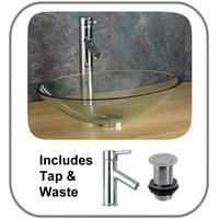 47cm x 36cm Clear Oval Glass Monza Basin With Tap And Plug Set