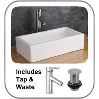 49.6cm x 24.5cm Narrow Treviso Rectangular Ceramic Sink with Tall Mixer Tap and Waste