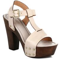 4ever Young Womens Chunky Heel Leather T-Bar Strap Sandal - Beige women\'s Sandals in BEIGE