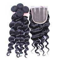 4Pcs/Lot 10\'\'-30\'\' Peruvian Virgin Hair Loose Wave Hair Closure with Wefts Peruvian Loose Wave Hair Bundles