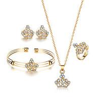 4pcs/Set Fashion Luxurious Elegant Crown Bridal Jewelry Set Crystal Hollow Flower Necklace/Earrings/Ring/Bracelet Wedding Accessorie For Women
